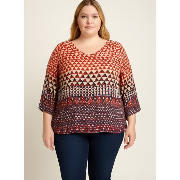 Lucky Brand top blouse Boho print triangle pattern top 3/4 sleeve tribal SZ 1X - Picture 1 of 8